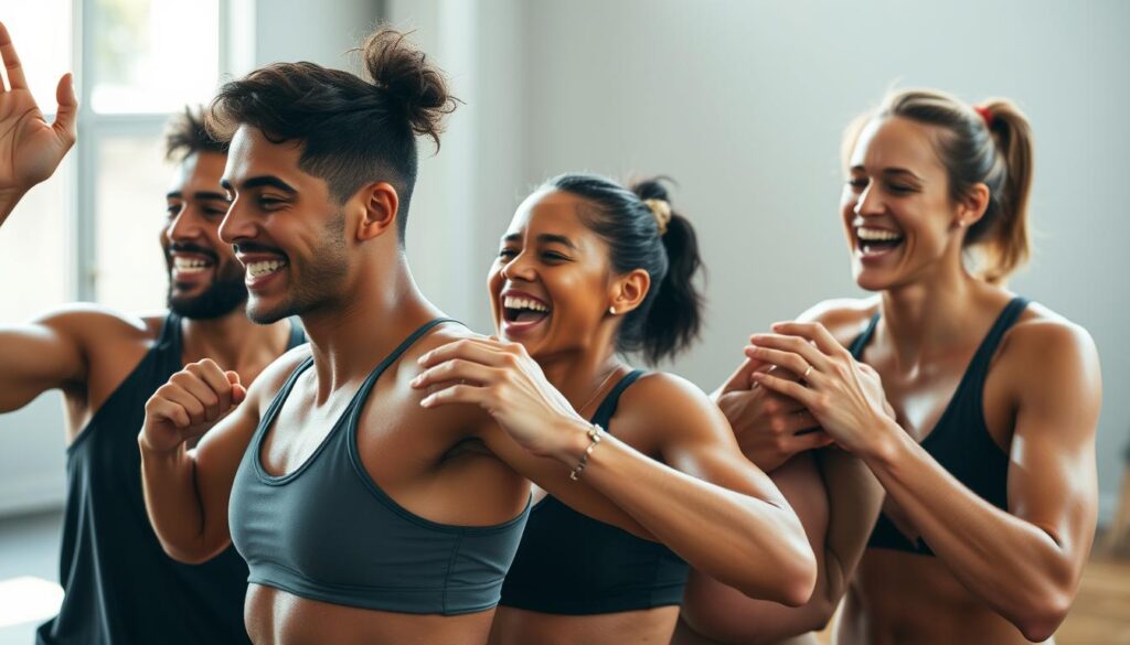 A group of athletes engaged in joyful team training, their bodies in dynamic motion as they support and encourage one another. Bright, diffused natural lighting illuminates their sweat-glistened skin and uplifted expressions, capturing a sense of camaraderie and shared purpose. The scene is framed with a tight focus, emphasizing the close-knit interaction and sense of community. The background is pleasantly blurred, allowing the viewers' attention to remain on the central figures and their collaborative spirit. A group of athletes engaged in joyful team training, their bodies in dynamic motion as they support and encourage one another. Bright, diffused natural lighting illuminates their sweat-glistened skin and uplifted expressions, capturing a sense of camaraderie and shared purpose. The scene is framed with a tight focus, emphasizing the close-knit interaction and sense of community. The background is pleasantly blurred, allowing the viewers' attention to remain on the central figures and their collaborative spirit.