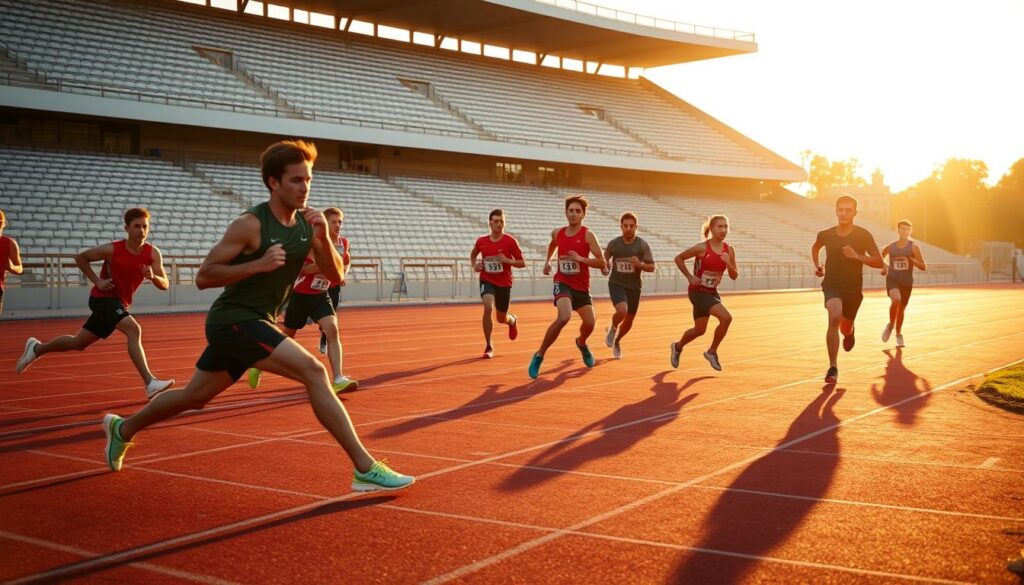 A group of athletes performing a dynamic warmup routine on a track, bathed in the warm glow of the rising sun. In the foreground, runners lunge, twist, and stretch their muscles, their expressions focused and determined. In the middle ground, others jog lightly, pumping their arms and swinging their legs to get the blood flowing. In the background, the stadium stands rise up, creating a sense of anticipation and energy. The lighting is soft and natural, casting long shadows and highlighting the contours of the runners' bodies. The scene conveys a sense of preparation, discipline, and the excitement of an upcoming race.