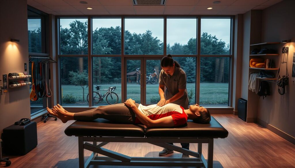 A serene, well-equipped sports medicine clinic, dimly lit with warm, therapeutic lighting. In the foreground, a racer lies on an examination table, a physiotherapist gently tending to their strained muscle with careful massage techniques. In the middle ground, various rehabilitation equipment like resistance bands, foam rollers, and ice packs are neatly arranged, conveying a sense of holistic, evidence-based care. The background features floor-to-ceiling windows overlooking a lush, calming outdoor scene, creating a tranquil, restorative atmosphere. The overall mood is one of professional expertise, compassion, and a focus on the racer's swift, safe recovery.