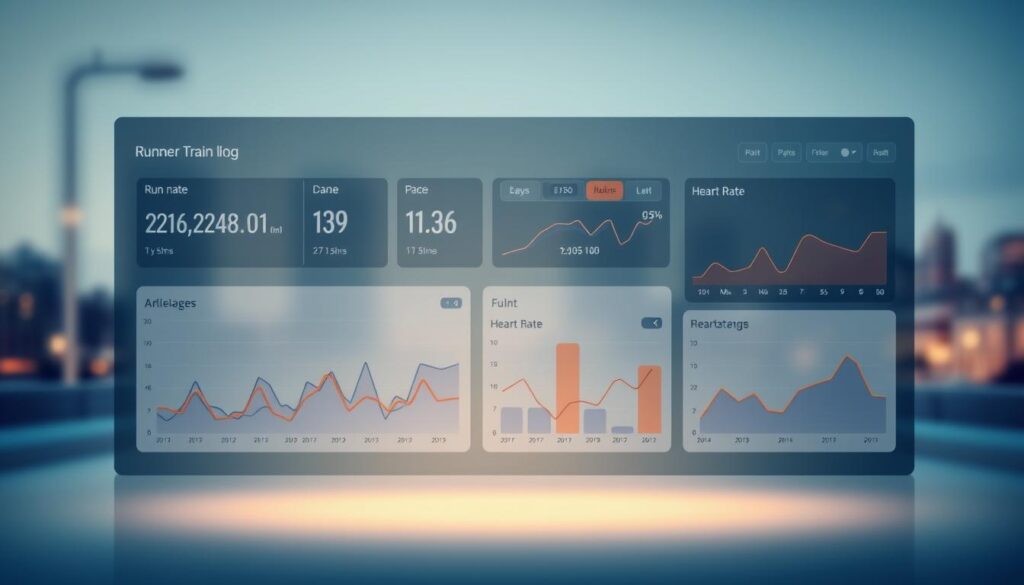 A sleek, minimalist data visualization dashboard showcasing a runner's training log analytics. In the foreground, a series of interactive charts and graphs display key metrics such as mileage, pace, elevation, and heart rate trends over time. The middle ground features a clean, uncluttered interface with intuitive controls and filtering options. The background depicts a softly blurred cityscape or scenic landscape, conveying a sense of the outdoors and the runner's training environment. Lighting is subtle and warm, with a focus on legibility and clarity of the analytical data. The overall mood is one of professionalism, insight, and personalization, reflecting the runner's desire to deeply understand their performance and progress. A sleek, minimalist data visualization dashboard showcasing a runner's training log analytics. In the foreground, a series of interactive charts and graphs display key metrics such as mileage, pace, elevation, and heart rate trends over time. The middle ground features a clean, uncluttered interface with intuitive controls and filtering options. The background depicts a softly blurred cityscape or scenic landscape, conveying a sense of the outdoors and the runner's training environment. Lighting is subtle and warm, with a focus on legibility and clarity of the analytical data. The overall mood is one of professionalism, insight, and personalization, reflecting the runner's desire to deeply understand their performance and progress.