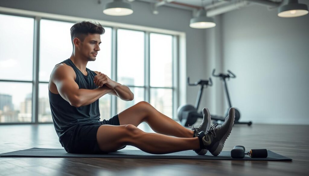 A well-lit indoor gym setting, with a runner sitting on a yoga mat, surrounded by exercise equipment. The runner is doing light stretches and massaging their legs, displaying a look of focused recovery. Soft, diffused lighting from overhead lamps creates a calming atmosphere. In the background, a large window overlooks a cityscape, suggesting an urban environment. The composition emphasizes the subject's post-race recovery process, with a clean, minimalist aesthetic that conveys a sense of rejuvenation and restoration.