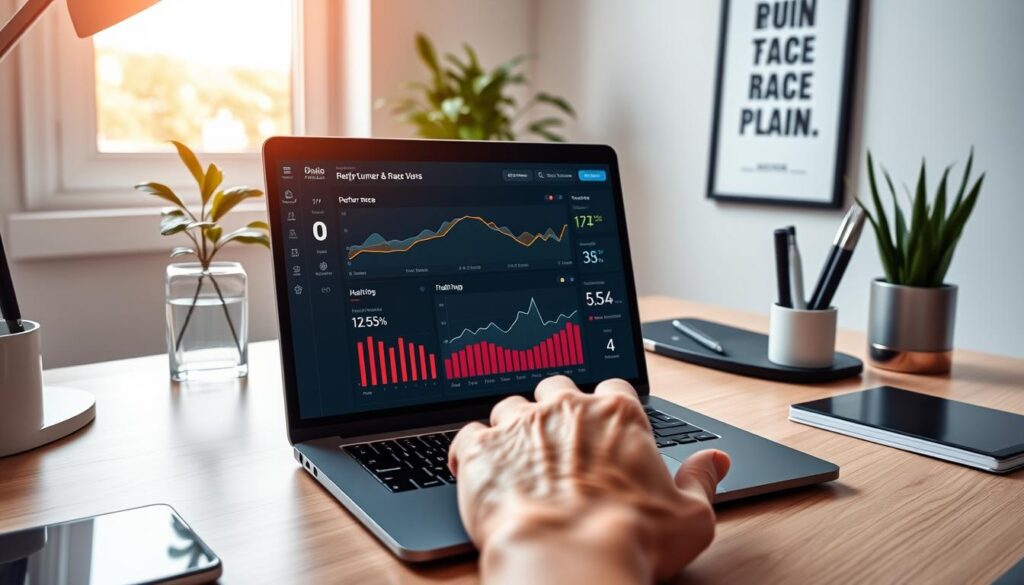 A well-lit office scene with a runner's data analytics dashboard on a laptop screen, displaying performance metrics, heart rate, and training progress. In the foreground, a runner's hand interacts with the touchscreen, customizing their race plan based on the insights. The background features a minimalist desk setup with a potted plant, sleek office supplies, and a framed motivational poster on the wall. The lighting is soft and natural, casting a warm glow over the scene, conveying a sense of focus and productivity. The overall mood is one of diligent analysis and strategic planning for an upcoming race.