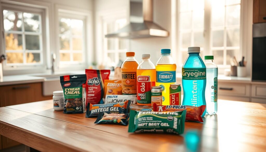 A well-stocked pre-race nutrition station with an assortment of energy gels, protein bars, and electrolyte drinks arranged neatly on a wooden table. The setting is a bright, airy kitchen with natural sunlight flooding through large windows, casting a warm, golden glow. The table is slightly tilted, drawing the viewer's eye to the carefully curated selection of performance-enhancing snacks and beverages. The background features a clean, minimalist design, allowing the foreground elements to take center stage and showcase the essential pre-race fueling strategies.