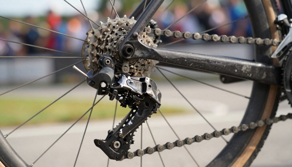 A close-up of a bicycle chain and derailleur, highlighting common bike problems on race day. A close-up of a bicycle chain and derailleur, highlighting common bike problems on race day.