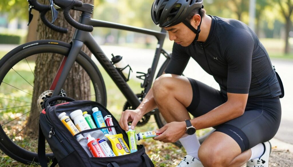 Cyclist checking nutrition as part of a pre race bike checklist Cyclist checking nutrition as part of a pre race bike checklist