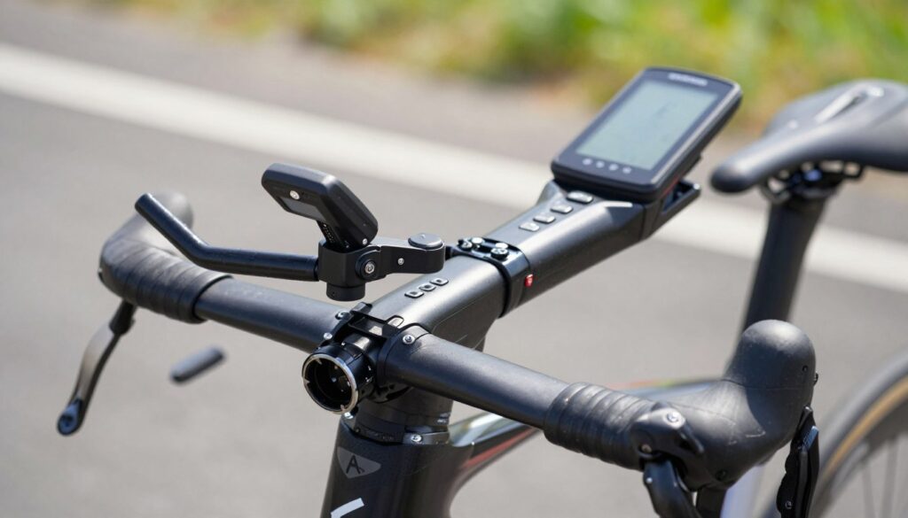 Professional bike cockpit setup showing handlebar positioning and control layout Professional bike cockpit setup showing handlebar positioning and control layout