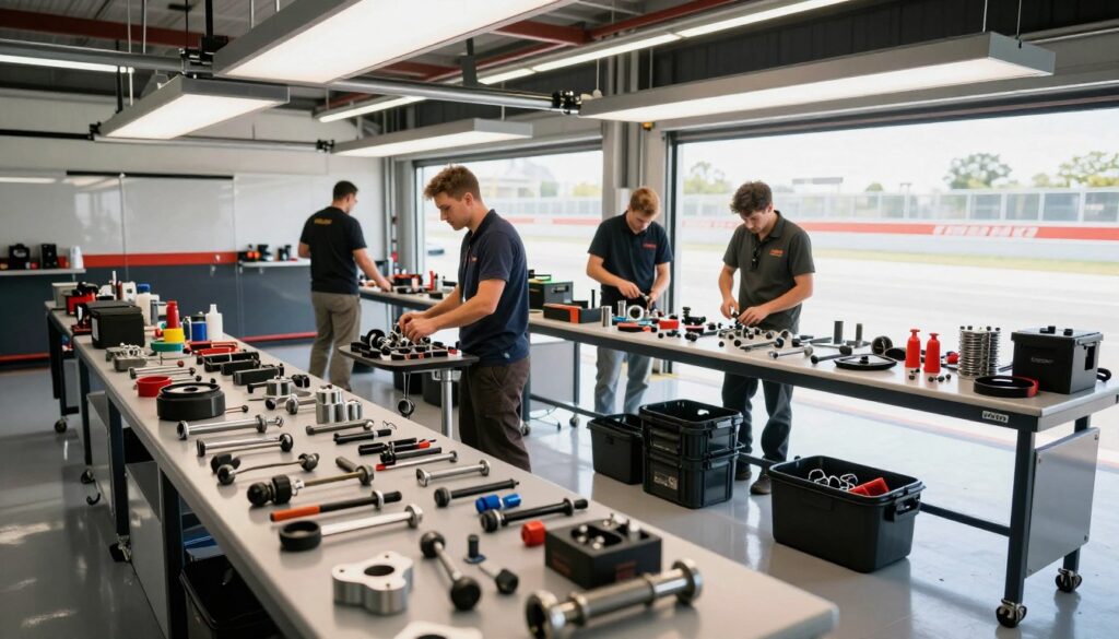 organized race pit setup with spare parts and equipment organized race pit setup with spare parts and equipment