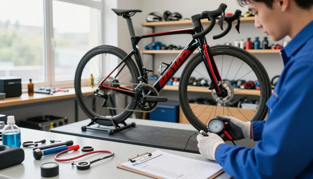 race bike maintenance checklist showing a mechanic performing a pre-ride inspection on a high-performance road bike